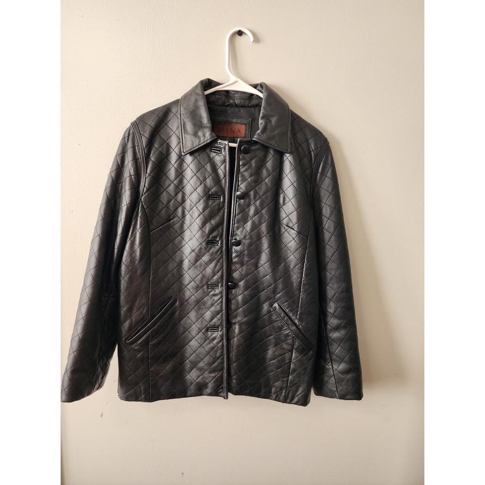 Siena Black Quilted Leather Jacket Womens Size 8 Button Front Diamond Stitch
